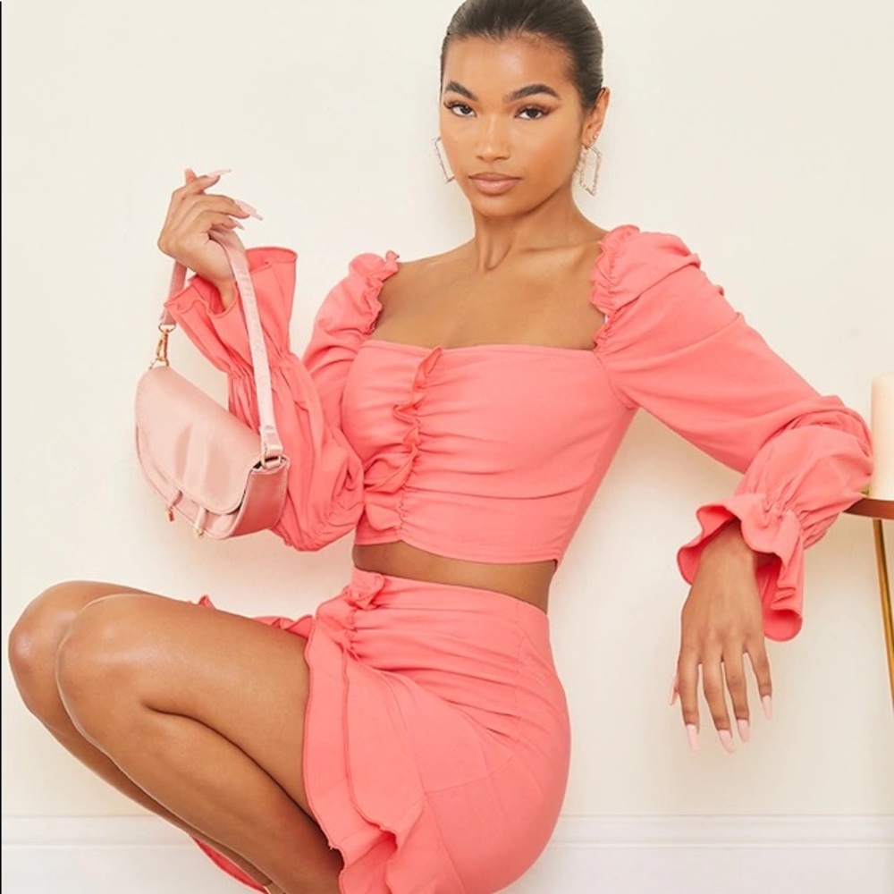 Coral Woven Frill Stretch Ruched Front Mini Skirt NEW